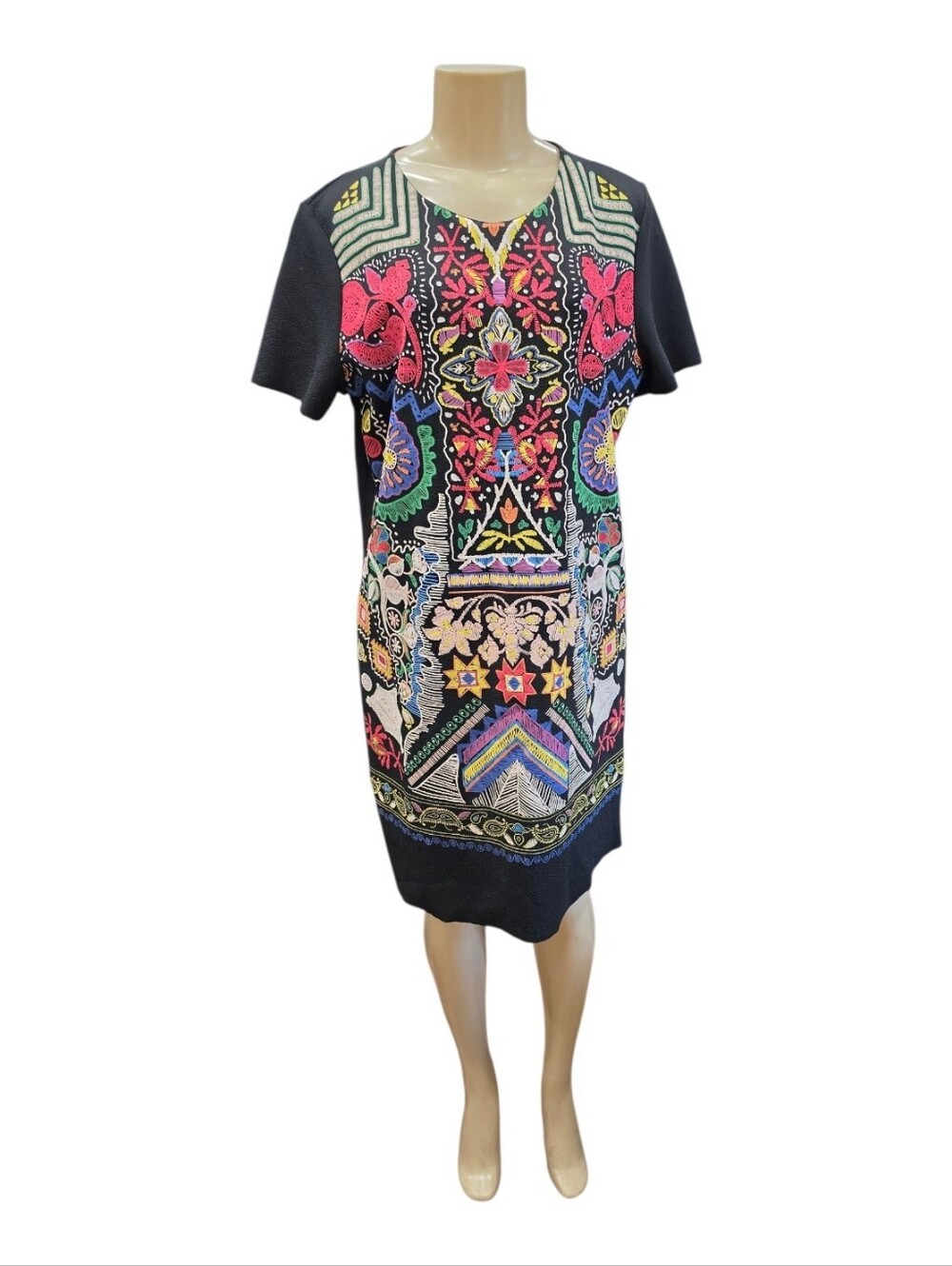 Zara Black Multicolored Geometric Floral Print Shift Dress Short Sleeve Size S